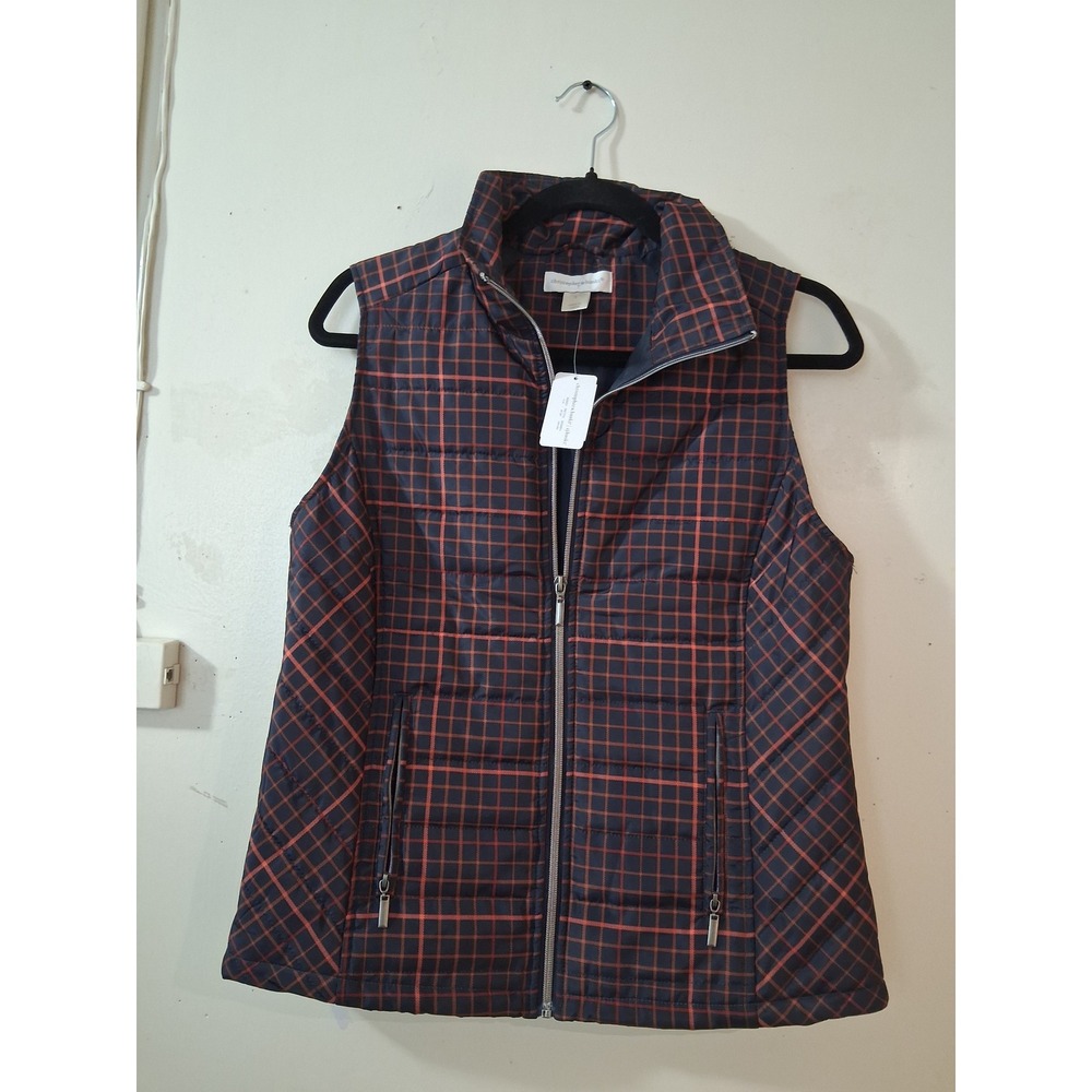 Christopher & Banks Womens Small Navy Blue Orange Plaid Quilted Puffer Vest NWT